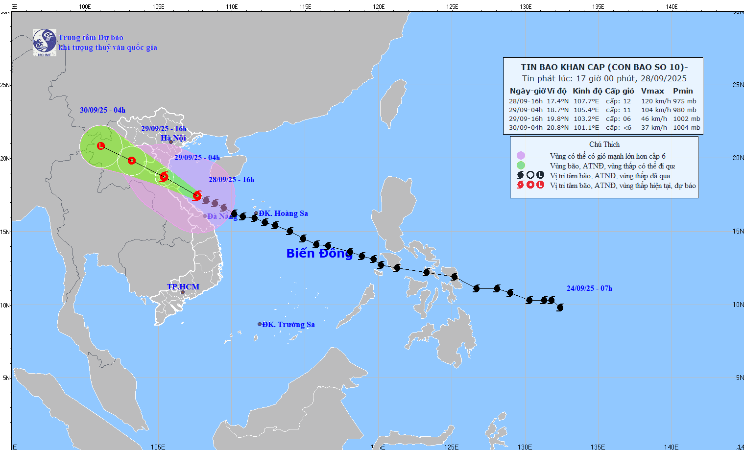 Nửa đêm nay, bão số 10 sẽ chạm bờ khu vực Trung bộ từ Nghệ An đến Quảng Trị