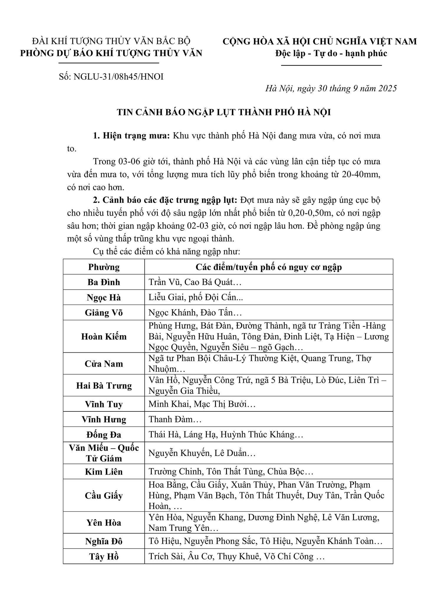 Theo Trung tâm Dự báo Khí tượng Thủy văn Quốc gia, ngày 30/9, Hà Nội tiếp tục có mưa vừa, mưa to, có nơi mưa rất to kèm dông. Trong cơn dông tiềm ẩn nguy cơ lốc, sét và gió giật mạnh. Công ty Thoát nước Hà Nội cho biết sẽ tiếp tục theo dõi chặt chẽ diễn biến, vận hành hợp lý các trạm bơm, cửa phai hồ điều hòa để đảm bảo tiêu thoát nước kịp thời, giảm ngập cho thành phố.

Cơ quan chức năng khuyến nghị người dân chủ động theo dõi thông tin dự báo, hạn chế di chuyển qua các điểm thường xuyên ngập sâu; các cơ quan chức năng triển khai biện pháp tiêu thoát nước, đảm bảo an toàn giao thông và đời sống.