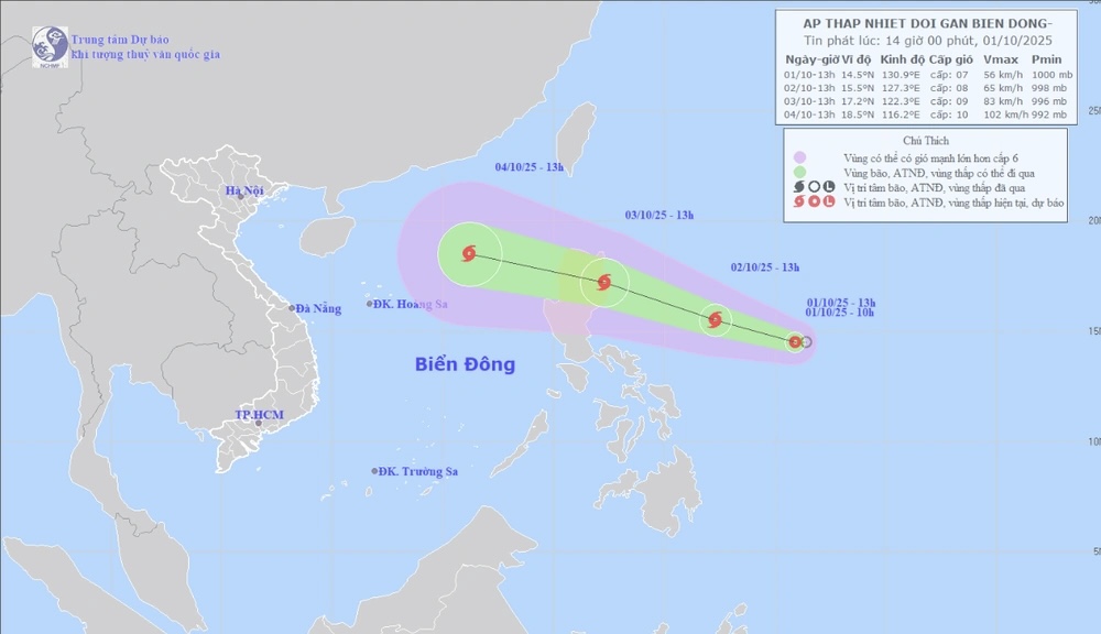 Bản đồ dự báo quỹ đạo và cường độ áp thấp nhiệt đới phát lúc 14h00 ngày 01/10/2025. Ảnh: nchmf