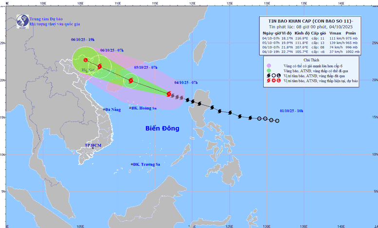 Dự báo hướng di chuyển của bão số 11 - Ảnh: Trung tâm dự báo khí tượng thủy văn quốc gia