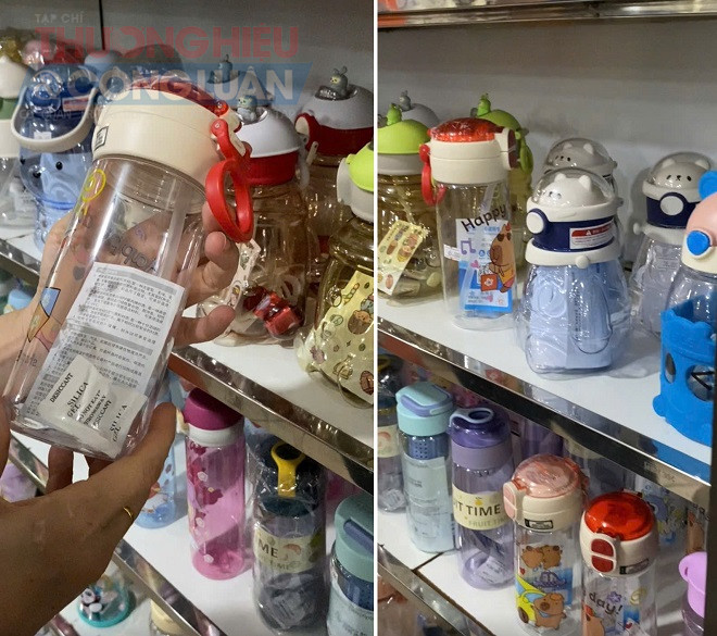 Di chuyển đến khu vực bày bán đồ gia dụng, nhiều sản phẩm bình đựng nước ngoài chữ Trung Quốc, cũng không hề có bất kỳ thông tin nào về đơn vị nhập khẩu, phân phối sản phẩm bằng tiếng Việt theo quy định