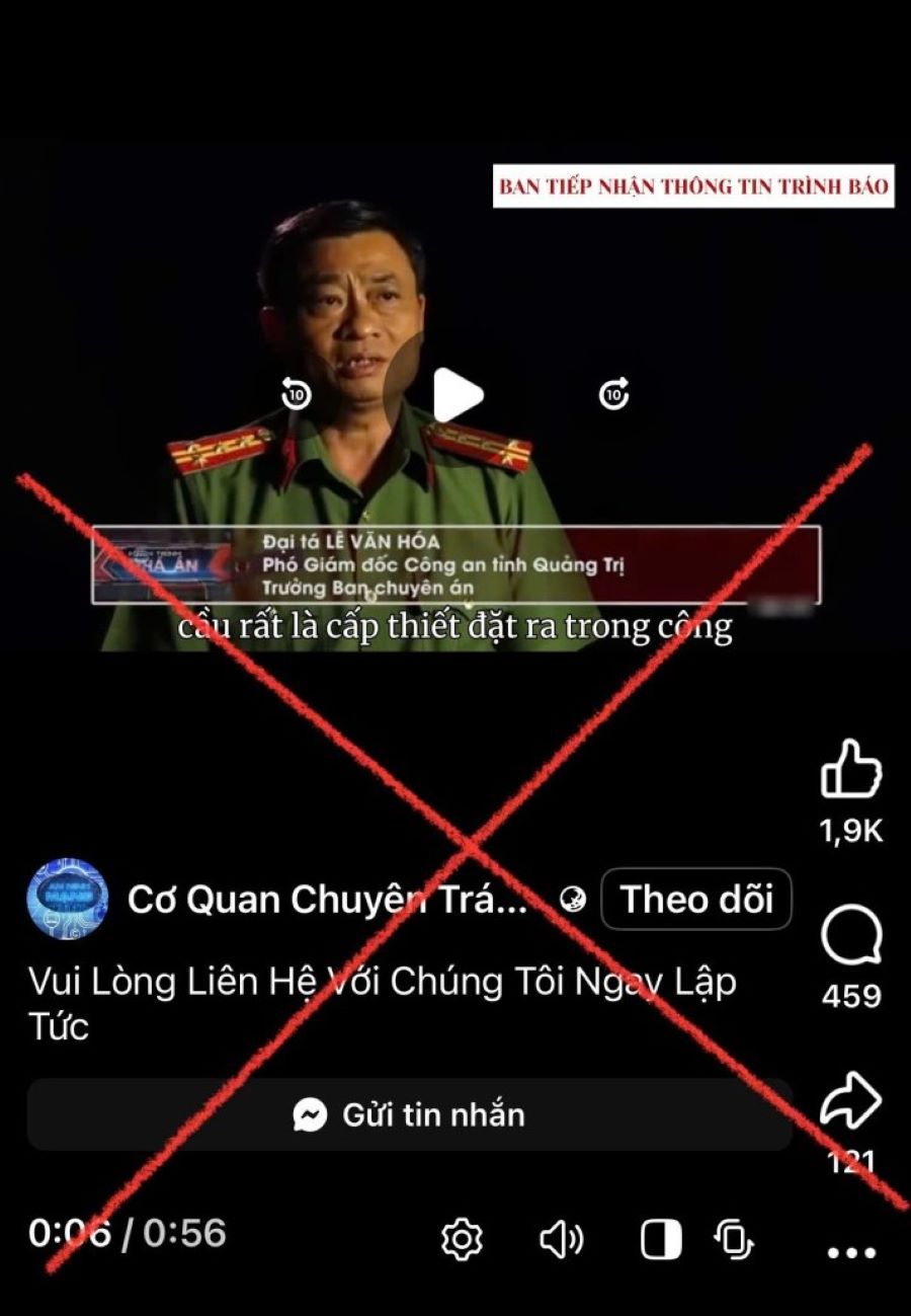 Các đối tượng đã cắt ghép, sử dụng nội dung, hình ảnh của lãnh đạo Công an tỉnh Quảng Trị phát sóng trên truyền hình ANTV đăng trên fanpage giả mạo nhằm mục đích lừa đảo.