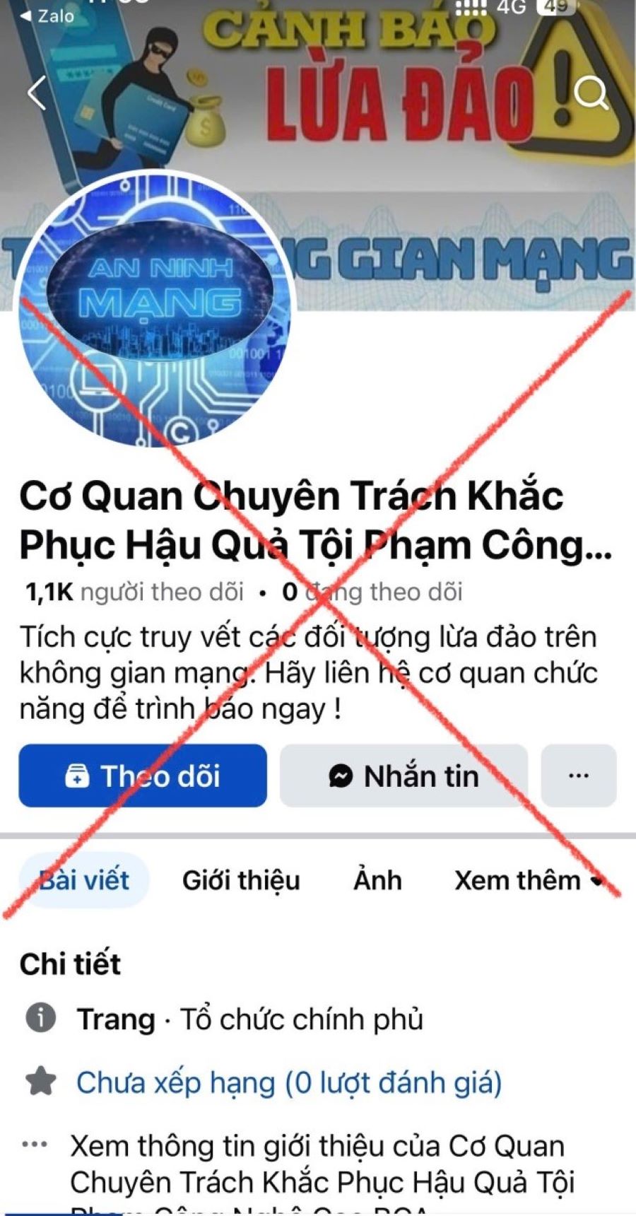 Trang fanpage giả mạo, lợi dụng niềm tin vào lực lượng Công an và các kênh truyền thông chính thống để lừa đảo.