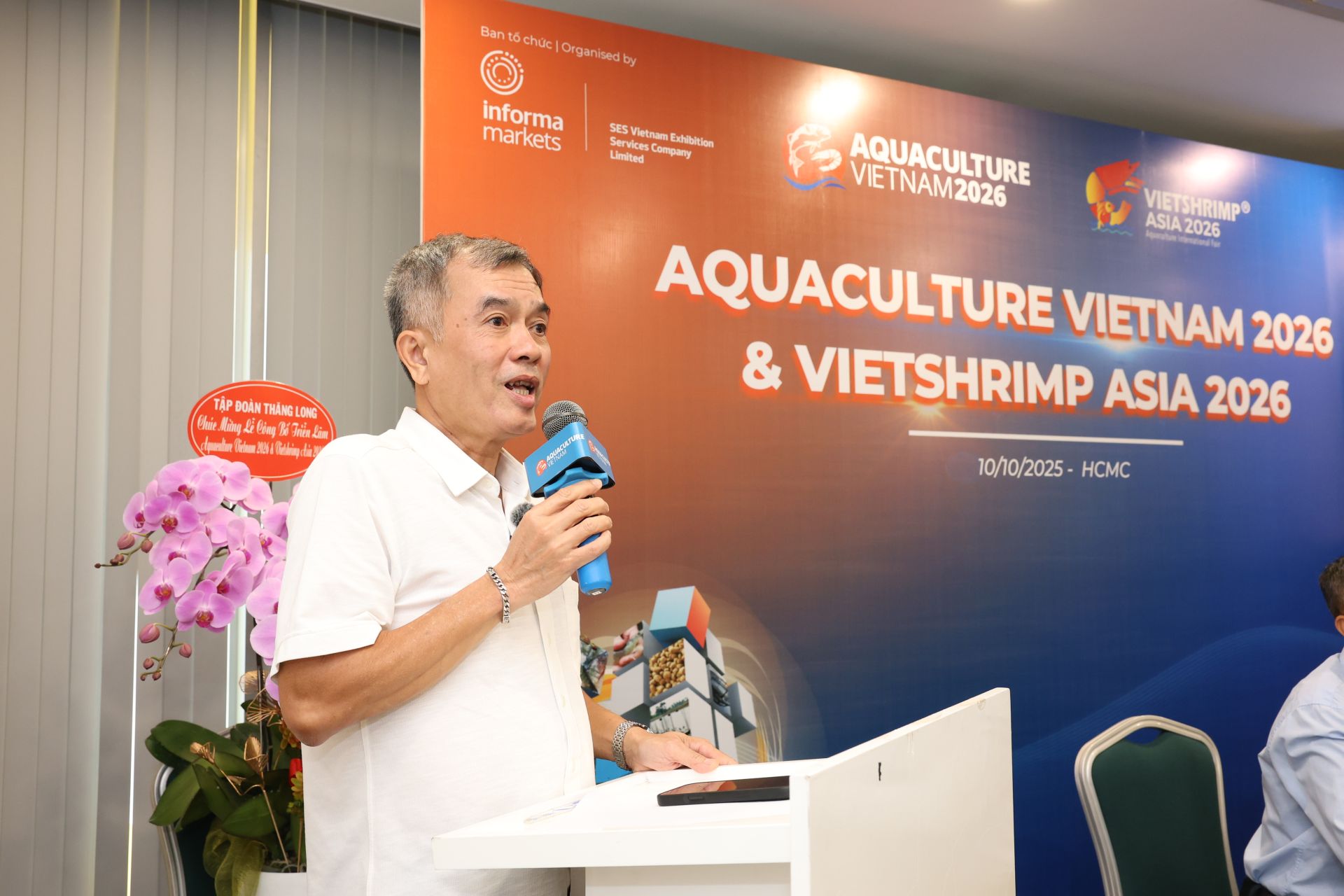 Ông Vũ Tuấn Cường, Giám đốc Trung tâm 3K Cục Thủy sản và Kiểm ngư (Bộ Nông nhiệp và Môi trường), phát biểu tại buổi công cố triển lãm VietShrimp Asia 2026 và Aquaculture Vietnam 2026