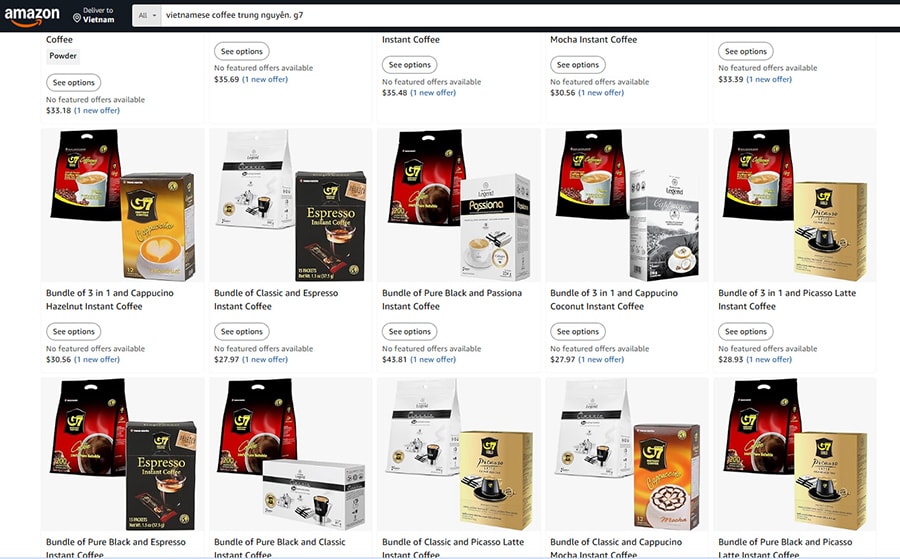 Sản phẩm cà phê mang thương hiệu Việt bày bán trên sàn thương mại điện tử Amazon. Ảnh: Chụp màn hình
