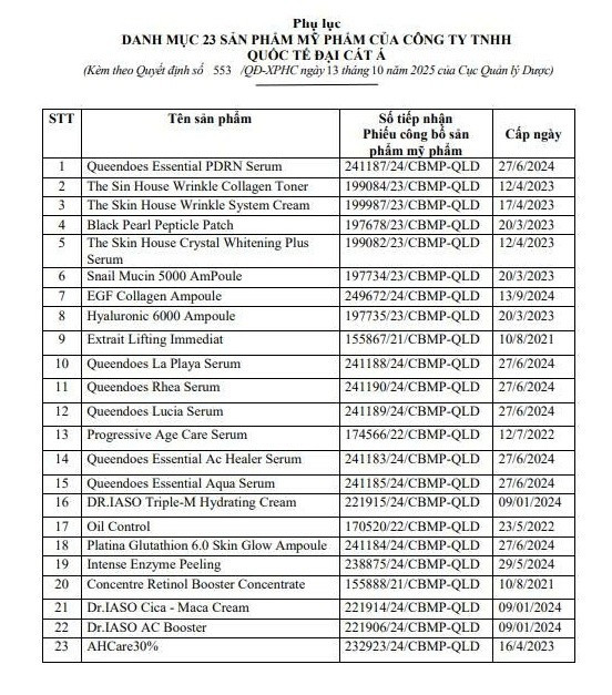 Danh mục 23 sản phẩm của Công ty Quốc tế Đại Cát Á bị buộc tiêu hủy. Ảnh: Chụp màn hình