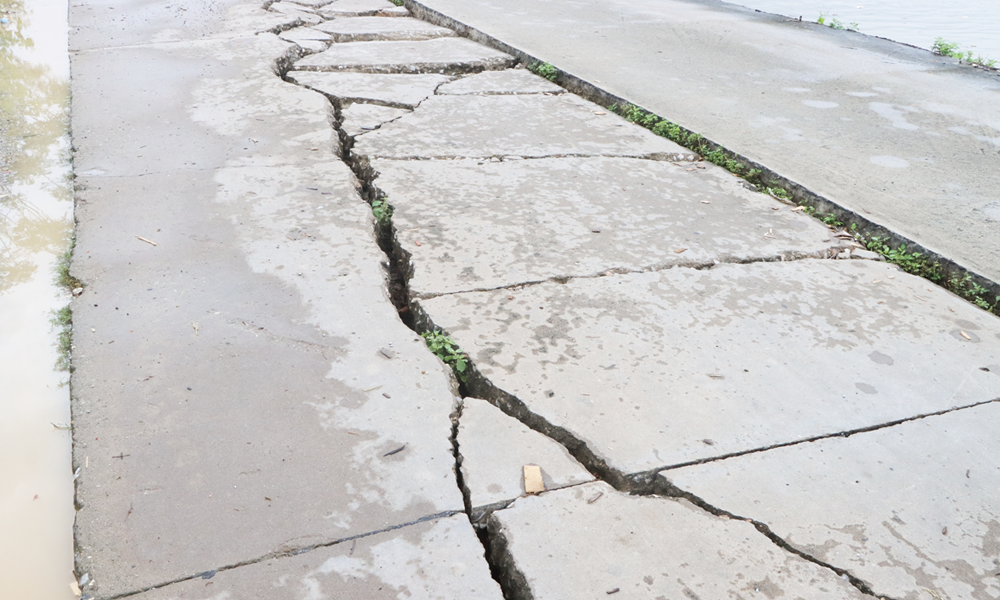 Mặt đường đê Ngũ Huyện Khê, đoạn qua địa bàn thôn Đông Yên, xã Tam Đa bị nứt do ảnh hưởng của mưa bão.