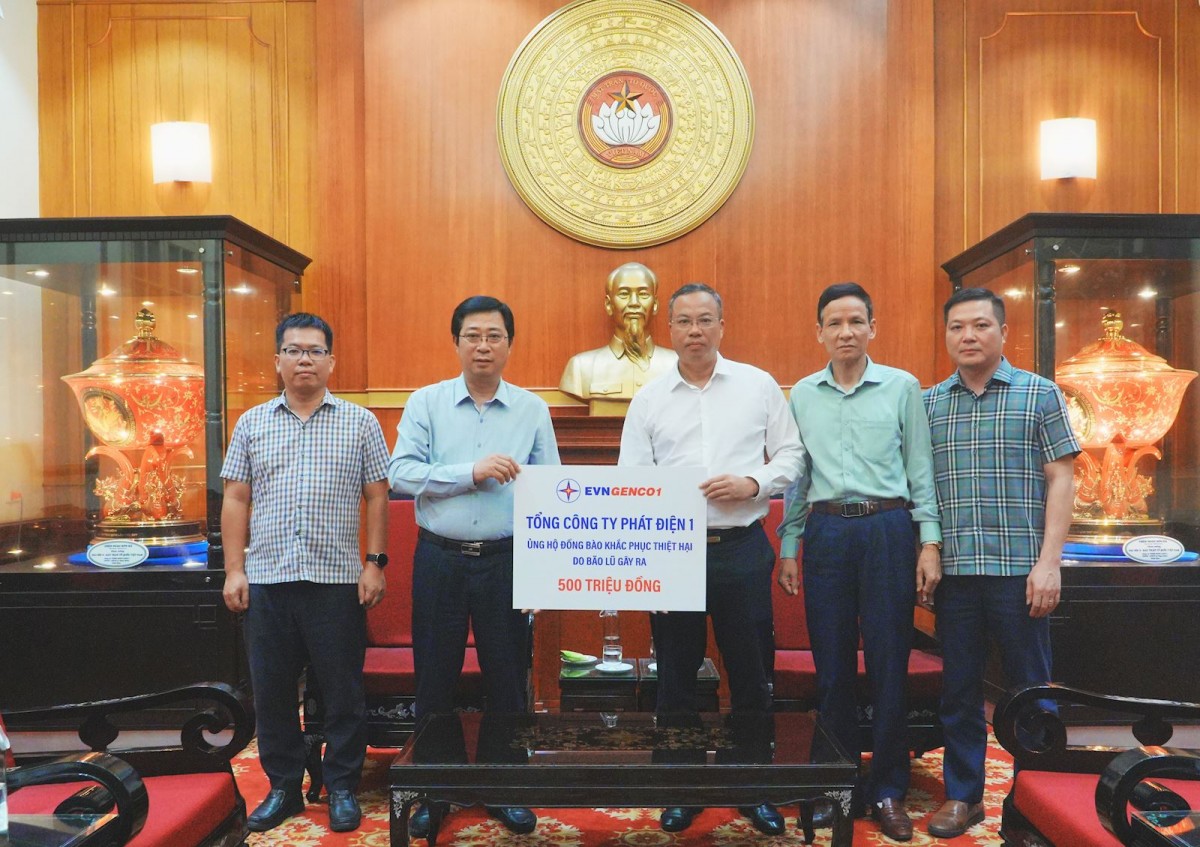 Tổng Giám đốc Lê Hải Đăng (thứ ba từ phải sang), đại diện EVNGENCO1 trao tặng 500 triệu đồng ủng hộ đồng bào khắc phục thiệt hại do bão lũ