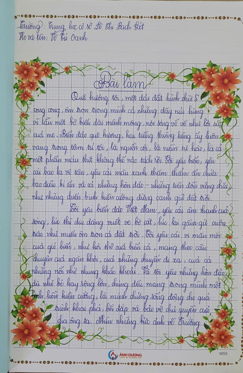 Bài viết thể hiện tình yêu biển đảo và gửi gắm tình cảm dành cho chiến sĩ Cảnh sát biển được các em học ainh trình bày nắn nót, cẩn thận