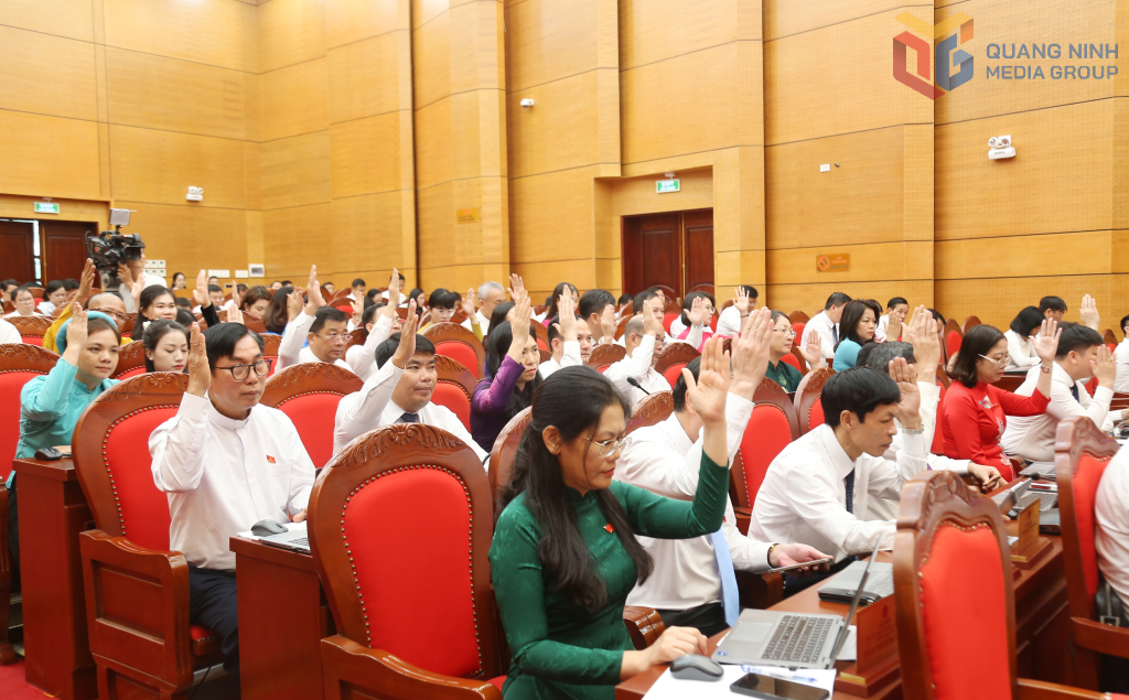 Đại biểu HĐND tỉnh Quảng Ninh biểu quyết thông qua nghị quyết tại kỳ họp.