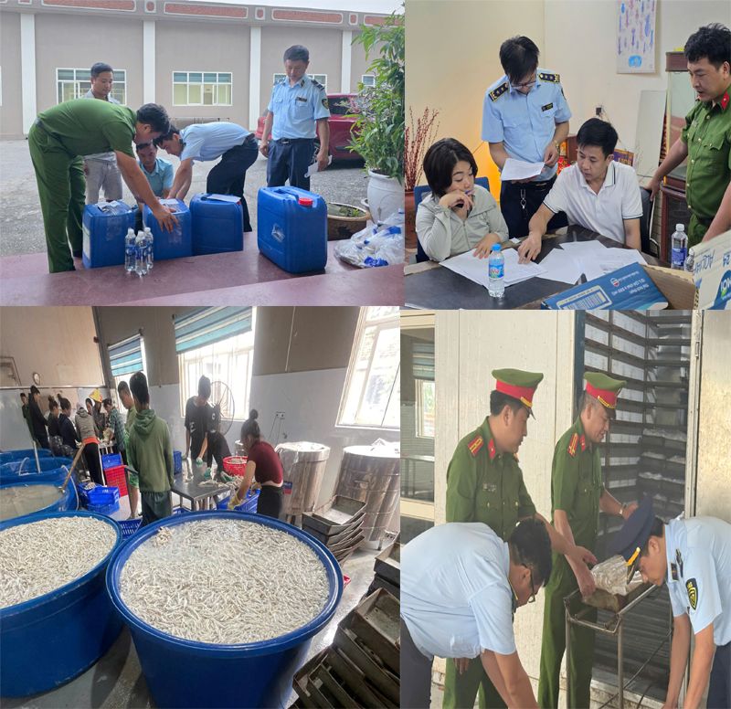 Lực lượng chức năng lập biên bản thu giữ 13,5 tấn chân gà đông lạnh ngâm hóa chất. Ảnh: Công an Thanh Hóa