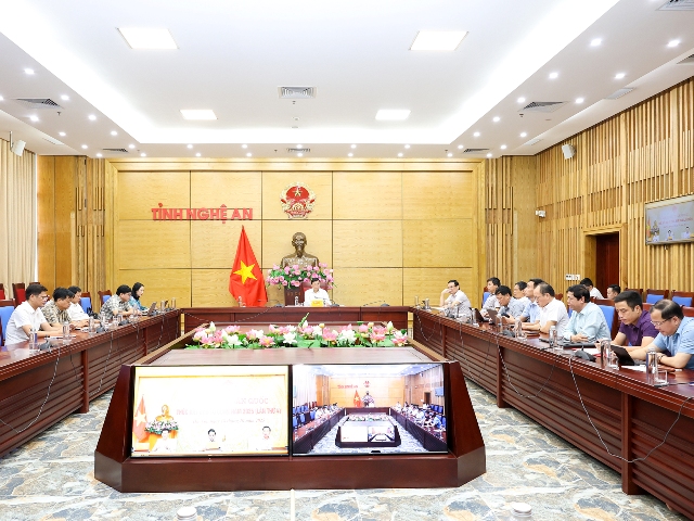 Quang cảnh hội nghị tại điểm cầu tỉnh Nghệ An.