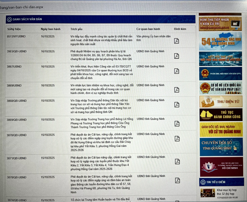 Các văn bản chỉ đạo của tỉnh được công khai trên Cổng Thông tin điện tử tỉnh Quảng Ninh. Các văn bản chỉ đạo của tỉnh được công khai trên Cổng Thông tin điện tử tỉnh Quảng Ninh.