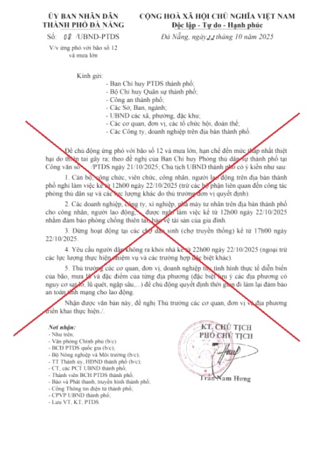 Công văn giả mạo UBND TP. Đà Nẵng.