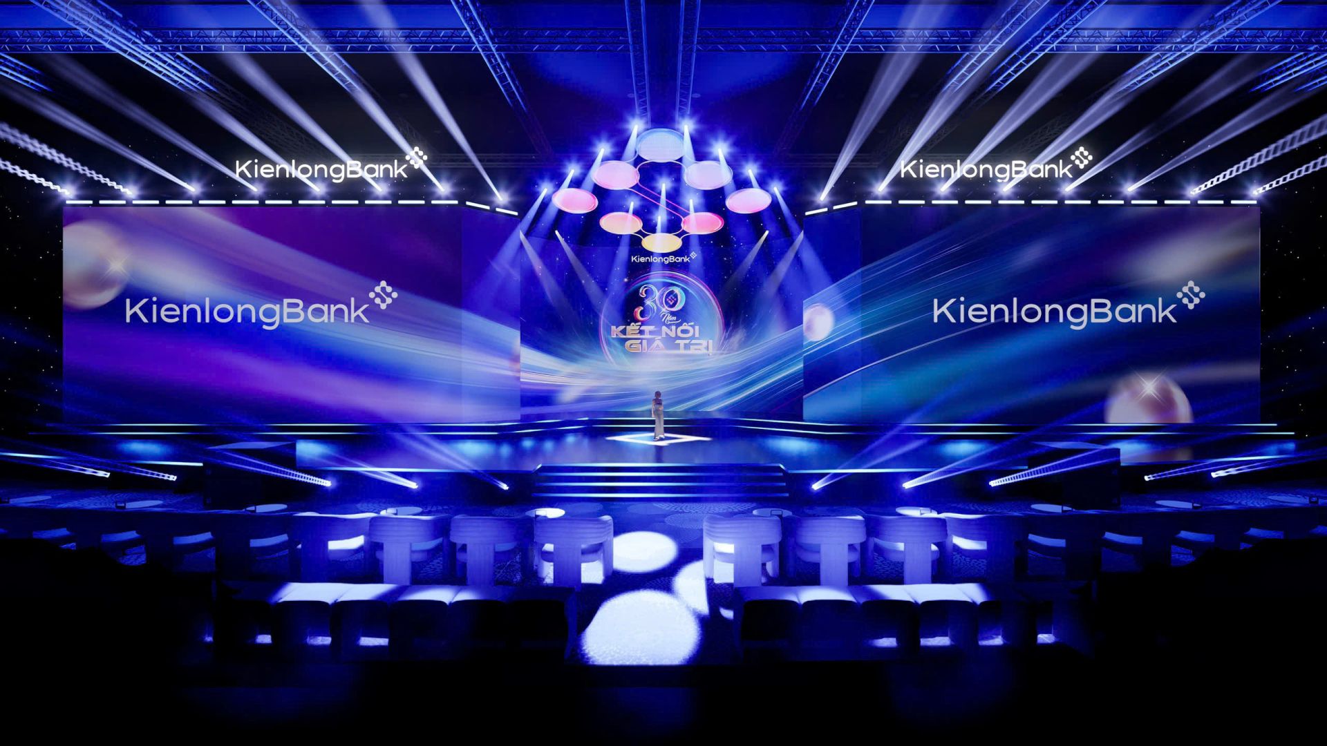 Toàn bộ không gian sân khấu được thiết kế như một “vũ trụ số”, nơi âm thanh, ánh sáng và công nghệ cùng hòa nhịp, tái hiện đầy đủ và sống động hành trình ba thập kỷ phát triển của ngân hàng bằng ngôn ngữ thị giác hiện đại Toàn bộ không gian sân khấu được thiết kế như một “vũ trụ số”, nơi âm thanh, ánh sáng và công nghệ cùng hòa nhịp, tái hiện đầy đủ và sống động hành trình ba thập kỷ phát triển của ngân hàng bằng ngôn ngữ thị giác hiện đại