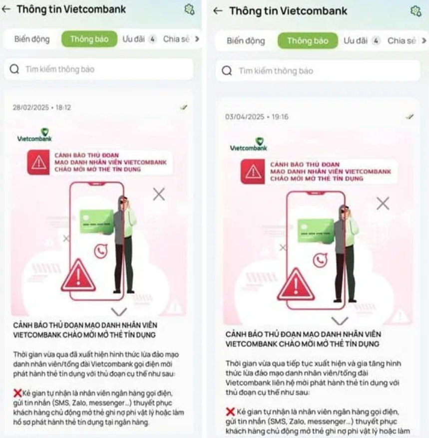 Cảnh báo của Ngân hàng TMCP Ngoại thương Việt Nam – Vietcombank. Ảnh: VCB Cảnh báo của Ngân hàng TMCP Ngoại thương Việt Nam – Vietcombank. Ảnh: VCB