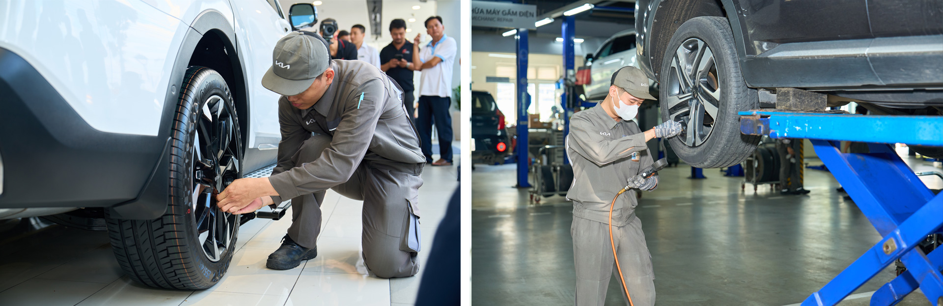 Đội ngũ kỹ thuật viên chăm sóc, bảo dưỡng xe cho khách hàng tại sự kiện