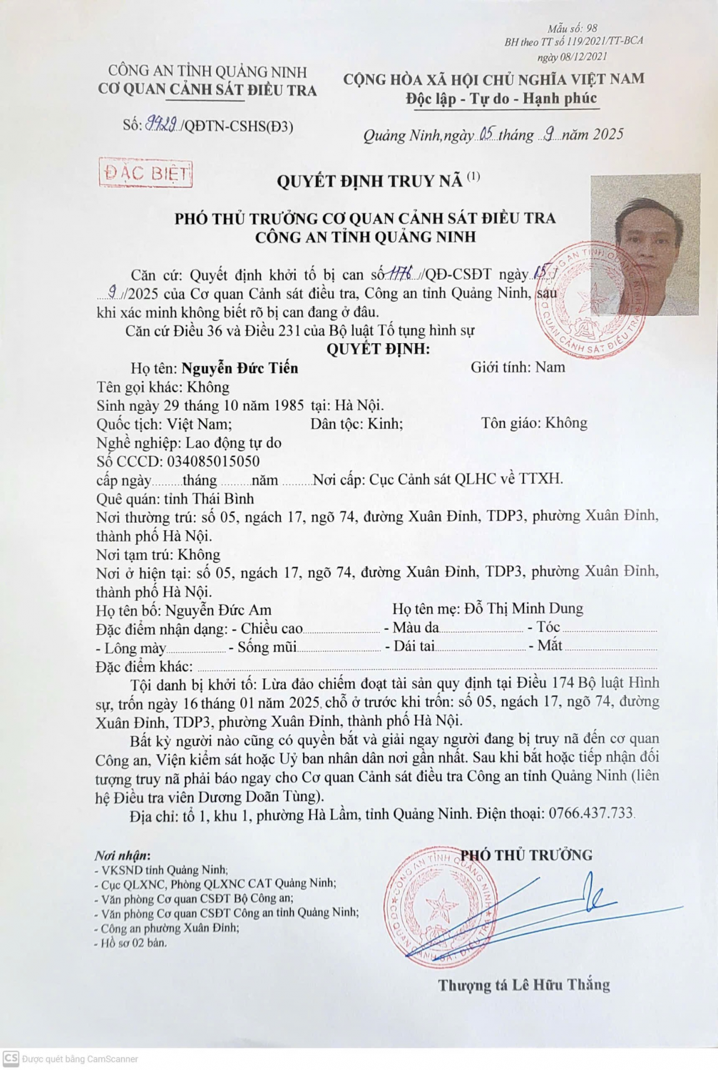 Quyết định truy nã đối với Nguyễn Đức Tiến.