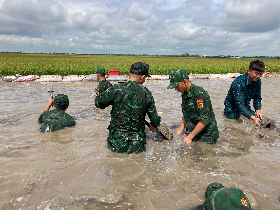 Biên phòng Tây Ninh giúp dân gia cố, khắc phục sự cố vỡ đê điều chống lũ