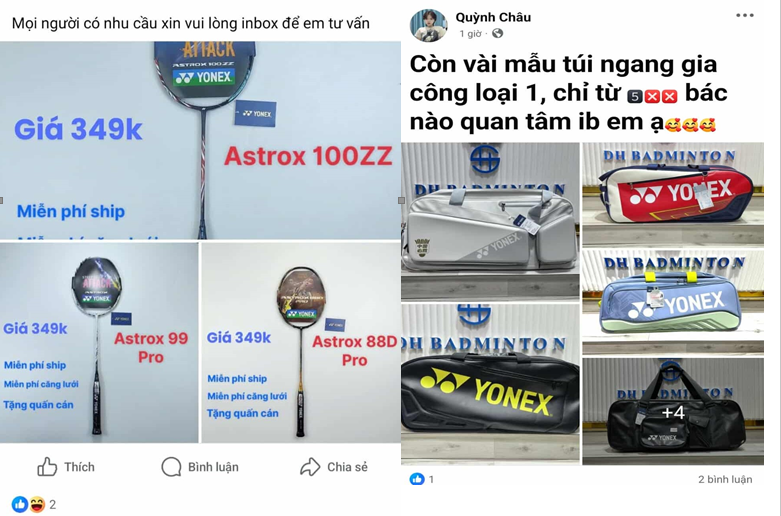 Bao vợt và vợt cầu lông Yonex nhái thương hiệu (có giá bán rẻ hơn rất nhiều lần so với sản phẩm chính hãng) được đăng bán công khai trên các hội nhóm. Ảnh: Chụp màn hình (sáng ngày 30/10) Bao vợt và vợt cầu lông Yonex nhái thương hiệu (có giá bán rẻ hơn rất nhiều lần so với sản phẩm chính hãng) được đăng bán công khai trên các hội nhóm. Ảnh: Chụp màn hình (sáng ngày 30/10)