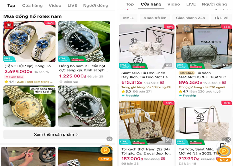 Các loại đồng hồ Rolex, túi xách Gucci, Channel, Louis Vuitton nhái thương hiệu, được bày bán công khai trên sàn TMĐT Shopee. Ảnh: Chụp màn hình (sáng ngày 30/10) Các loại đồng hồ Rolex, túi xách Gucci, Channel, Louis Vuitton nhái thương hiệu, được bày bán công khai trên sàn TMĐT Shopee. Ảnh: Chụp màn hình (sáng ngày 30/10)
