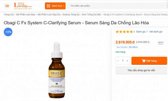 Sản phẩm Obagi-C Fx C-Clarifying Serum đã bị yêu cầu thu hồi trên toàn quốc do chứa chất cấm nhưng vẫn bán rầm rộ trên các trang mạng.