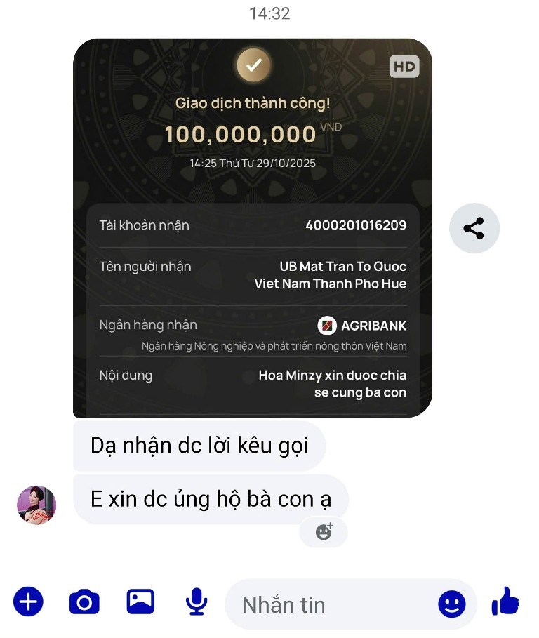 Ca sĩ Hòa Minzy ủng hộ lũ lụt Huế Ca sĩ Hòa Minzy ủng hộ lũ lụt Huế