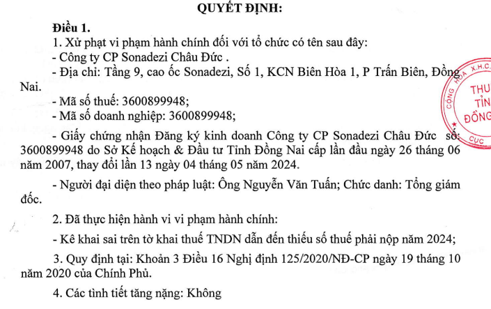 Một phần Quyết định xử phạt hành chính đối với Sonadezi Châu Đức Một phần Quyết định xử phạt hành chính đối với Sonadezi Châu Đức