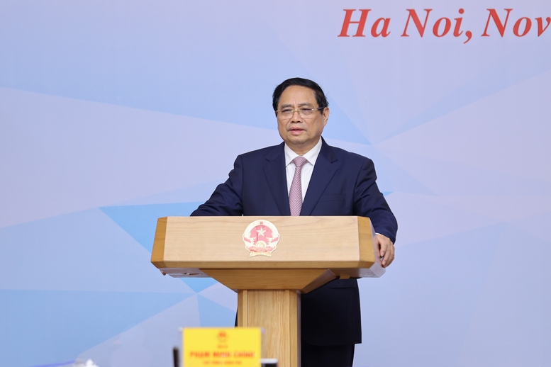 Thủ tướng Chính phủ Phạm Minh Chính phát biểu tại Hội nghị về thành lập Trung tâm tài chính quốc tế tại Việt Nam - Ảnh: VGP/Nhật Bắc