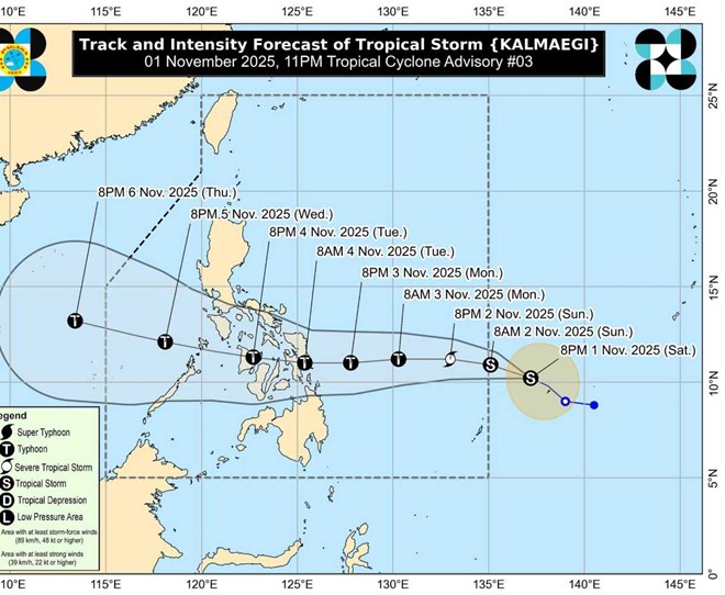 Dự báo đường đi của bão Kalmaegi, tiền thân của bão số 13 khi vào Biển Đông ngày 5.11. Ảnh: PAGASA Dự báo đường đi của bão Kalmaegi, tiền thân của bão số 13 khi vào Biển Đông ngày 5.11. Ảnh: PAGASA