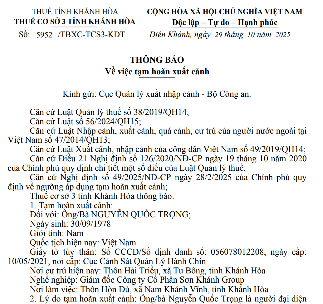 Thông báo tạm hoãn xuất cảnh đối với ông Nguyễn Quốc Trọng, người đại diện theo pháp luật của ông ty Cổ phần Sơn Khánh Group. Ảnh: Chụp màn hình Thông báo tạm hoãn xuất cảnh đối với ông Nguyễn Quốc Trọng, người đại diện theo pháp luật của ông ty Cổ phần Sơn Khánh Group. Ảnh: Chụp màn hình
