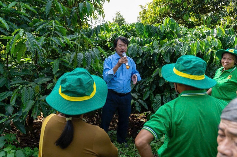 TS. Phạm Anh Cường – Trưởng phòng Nghiên cứu và Phát triển sản phẩm, Công ty CP Phân bón Bình Điền chia sẻ cùng bà con về hiệu quả của mô hình áp dụng công thức bón bộ phân NPK chuyên dùng cho cây cà phê Đầu Trâu Mùa Khô, Đầu Trâu Tăng Trưởng và Đầu Trâu Chắc hạt.