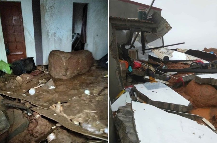 Sạt lở núi khiến đất đá tràn vào gây hư hỏng nhà dân. Sạt lở núi khiến đất đá tràn vào gây hư hỏng nhà dân.