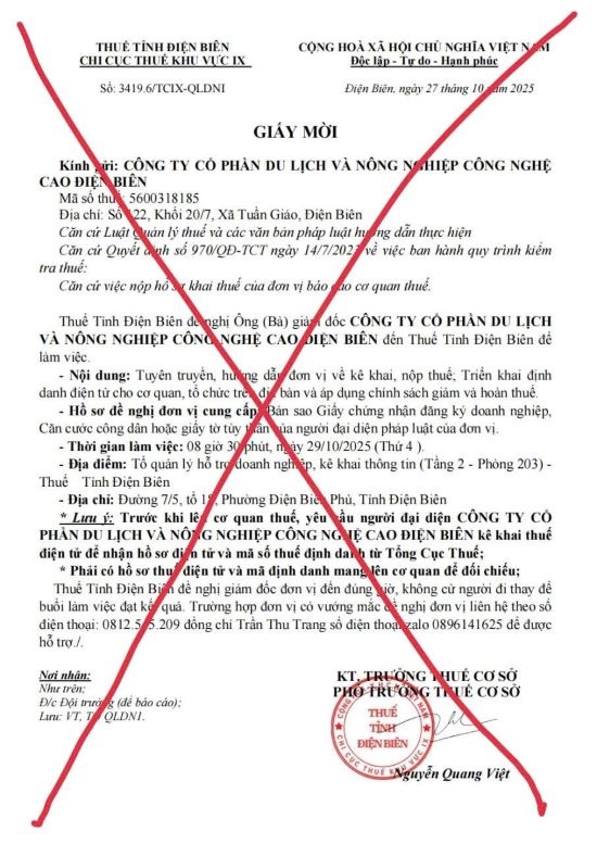 Văn bản giả mạo cơ quan thuế tỉnh Điện Biên, mời doanh nghiệp đến làm việc. Ảnh: Thuế tỉnh Điện Biên