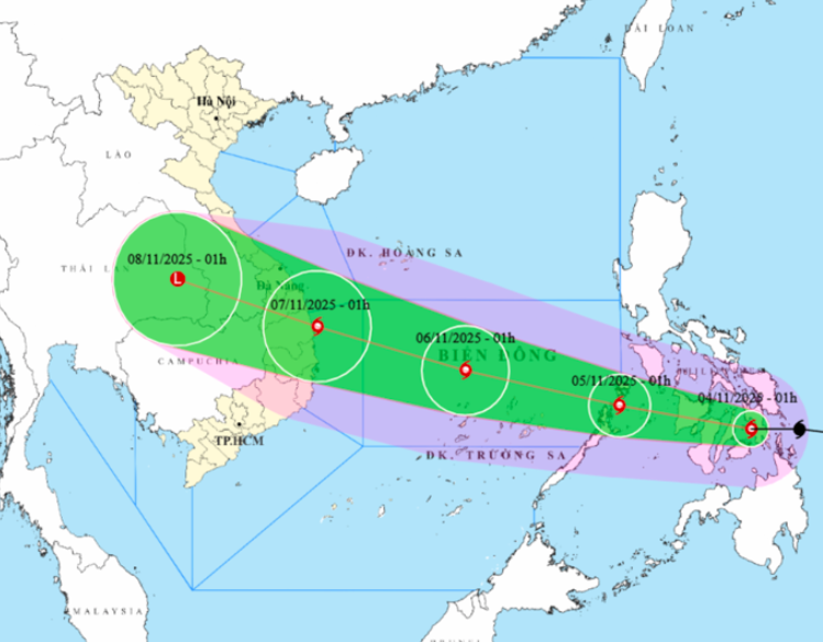Hướng di chuyển của bão Kalmaegi lúc 1 giờ ngày 4/11 Hướng di chuyển của bão Kalmaegi lúc 1 giờ ngày 4/11