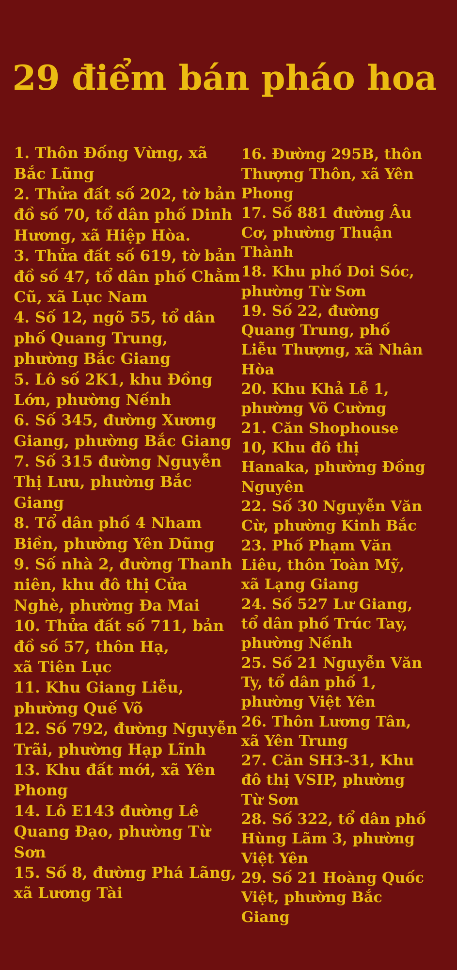 29 điểm bán pháo hoa trên địa bàn tỉnh Bắc Ninh 29 điểm bán pháo hoa trên địa bàn tỉnh Bắc Ninh