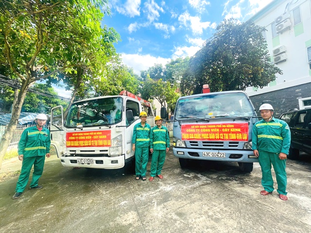 C&ocirc;ng nh&acirc;n C&ocirc;ng ty C&ocirc;ng vi&ecirc;n c&acirc;y xanh Đ&agrave; Nẵng c&ugrave;ng xe chuy&ecirc;n dụng đi hỗ trợ khắc phục c&acirc;y xanh g&atilde;y đổ ở Gia Lai .