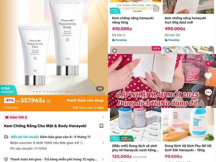 Kem chống nắng Hanayuki Sunscreen Body cùng một số sản phẩm của Hanayuki được rao bán trên sàn thương mại điện tử.