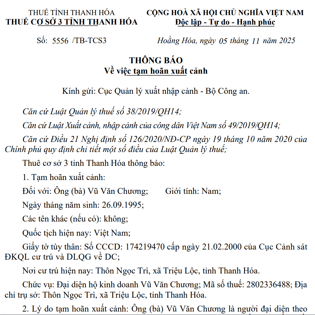 Thông báo tạm hoãn xuất cảnh đối với ông Vũ Văn Chương, người đại diện theo pháp luật của hộ kinh doanh Vũ Văn Chương. Ảnh: Chụp màn hình Thông báo tạm hoãn xuất cảnh đối với ông Vũ Văn Chương, người đại diện theo pháp luật của hộ kinh doanh Vũ Văn Chương. Ảnh: Chụp màn hình