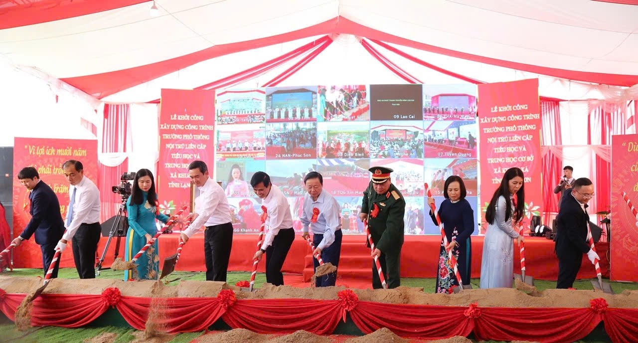 Phó Thủ tướng Chính phủ Trần Hồng Hà và các đồng chí lãnh đạo tỉnh thực hiện nghi thức khởi công công trình