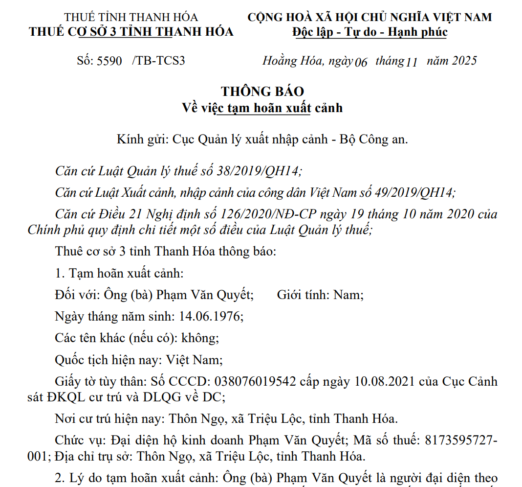 Thông báo tạm hoãn xuất cảnh đối với ông Phạm Văn Quyết, người đại diện theo pháp luật của hộ kinh doanh Phạm Văn Quyết. Ảnh: Chụp màn hình Thông báo tạm hoãn xuất cảnh đối với ông Phạm Văn Quyết, người đại diện theo pháp luật của hộ kinh doanh Phạm Văn Quyết. Ảnh: Chụp màn hình