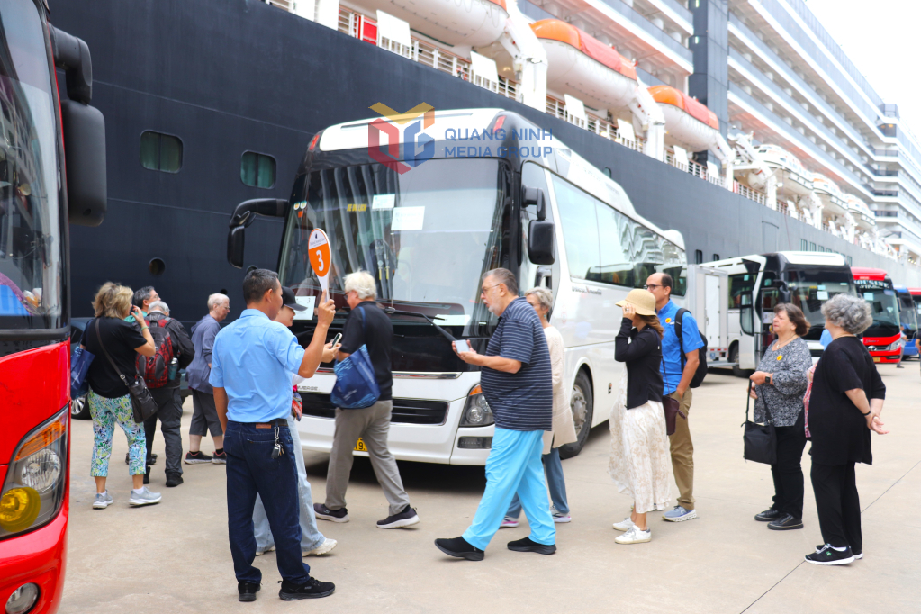 Hàng loạt xe của đơn vị lữ hành đã sẵn sàng đưa khách tàu biển đi tham quan.