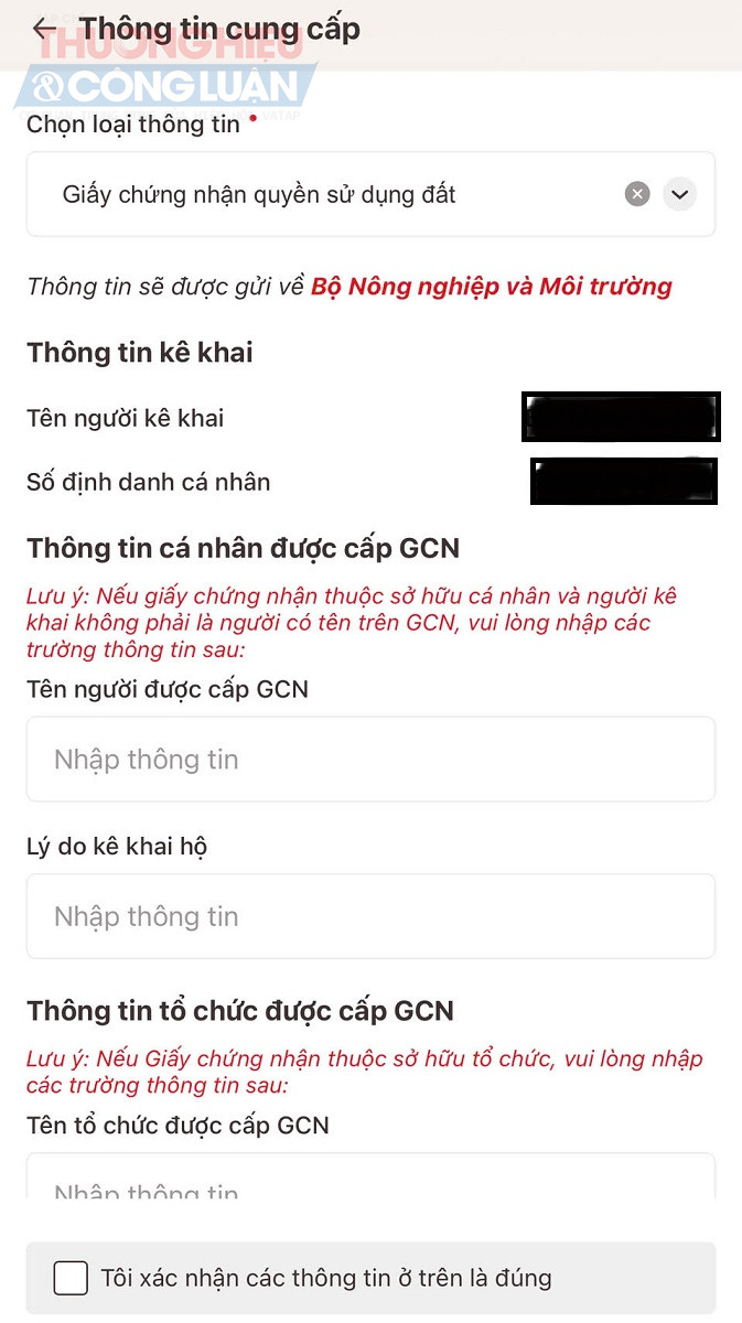 Các trường thông tin mà người dân cần cung cấp khi nộp sổ đỏ trực tuyến