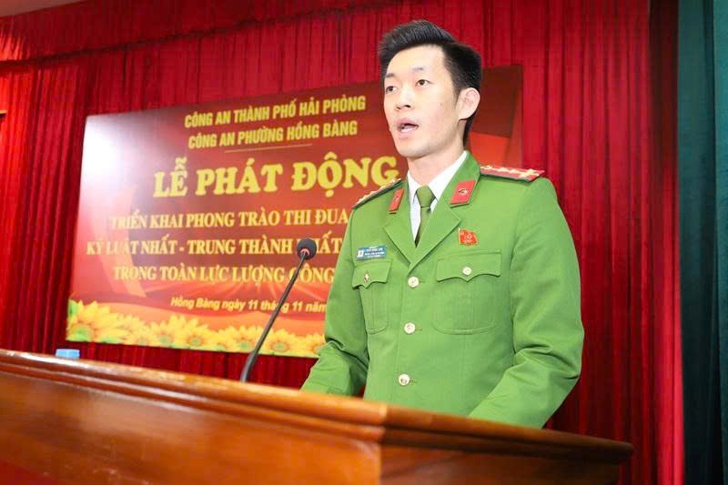 Đại úy Đào Hồng Sơn, Trưởng CAP Hồng Bàng phát biểu phát động phong trào thi đua 