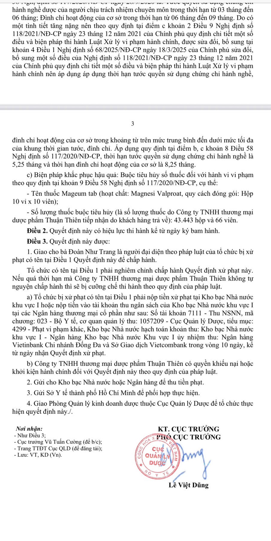 Quyết định số 671/QĐ-XPHC ng&agrave;y 12 th&aacute;ng 11 năm 2025, xử phạt vi phạm h&agrave;nh ch&iacute;nh đối với C&ocirc;ng ty TNHH thương mại dược phẩm Thuận Thi&ecirc;n