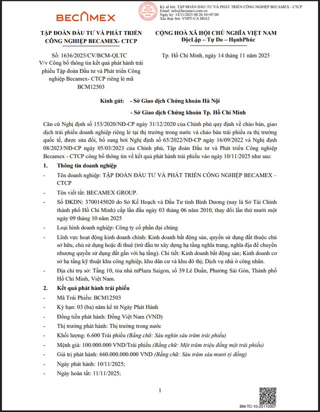 Thông tin công bố về việc phát hành thành công 60 tỷ đồng trái phiếu của Becamex Group. Thông tin công bố về việc phát hành thành công 60 tỷ đồng trái phiếu của Becamex Group.
