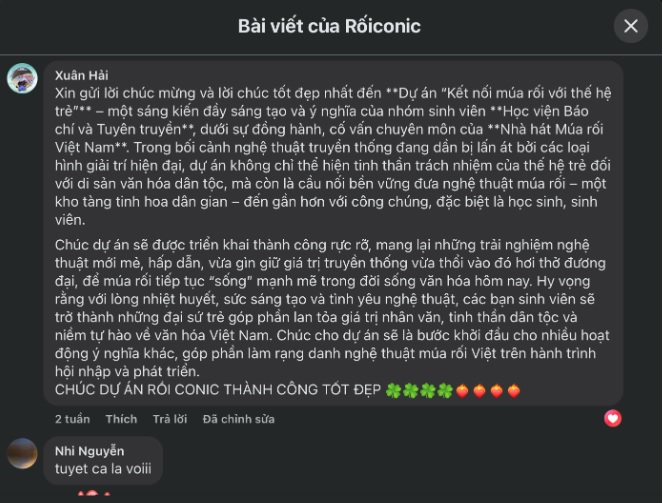 Bình luận tích cực xuất hiện sớm cho thấy sức hút rõ rệt của RỐICONIC với nhóm khán giả trẻ quan tâm văn hóa truyền thống. (Ảnh: Chụp màn hình)