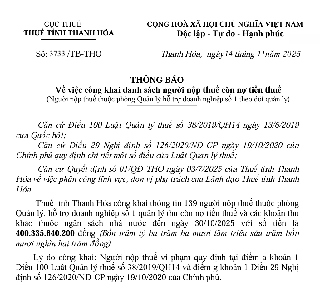 Thông báo số 3733/TB-THO ngày 14/11/2025 về việc công khai sanh sách người nộp thuế nợ tiền thuế và các khoản thu khác thuộc ngân sách nhà nước của Thuế tỉnh Thanh Hóa. Ảnh: Chụp màn hình