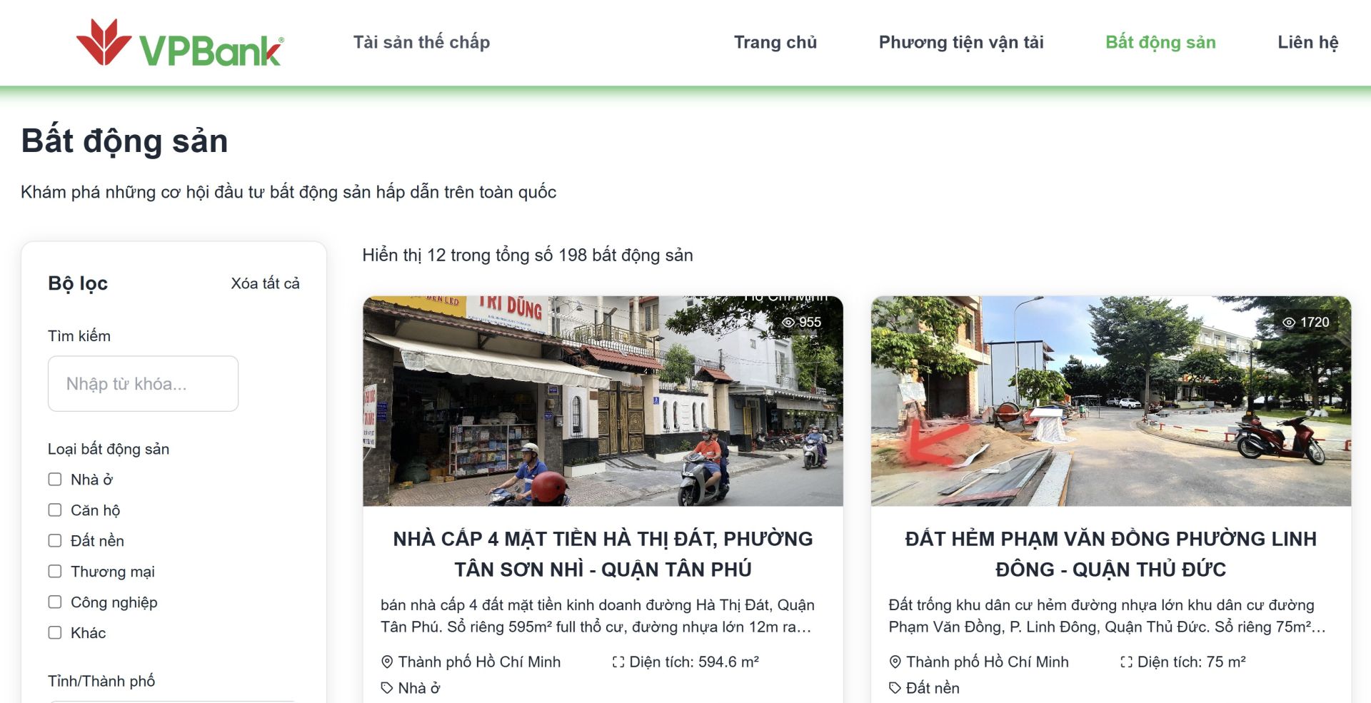 Đa dạng sản phẩm bất động sản được cập nhật liên tục trên website thanh lý tài sản của VPBank. Đa dạng sản phẩm bất động sản được cập nhật liên tục trên website thanh lý tài sản của VPBank.