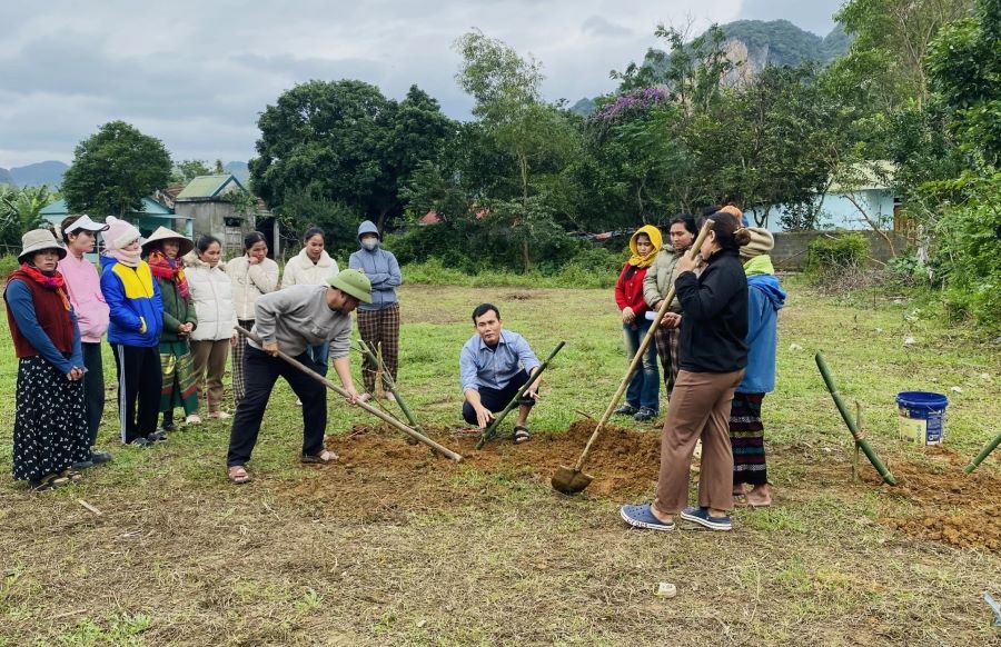 Cán bộ Trung tâm Khuyến nông tỉnh Quảng Trị hướng dẫn kỹ thuật trồng tre lục trúc lấy măng cho bà con.